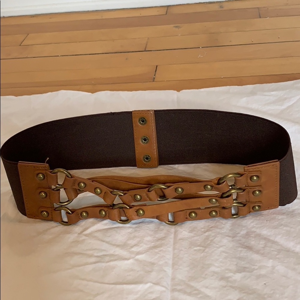 Women's Brown Wide Elastic Belt with Leather Trim